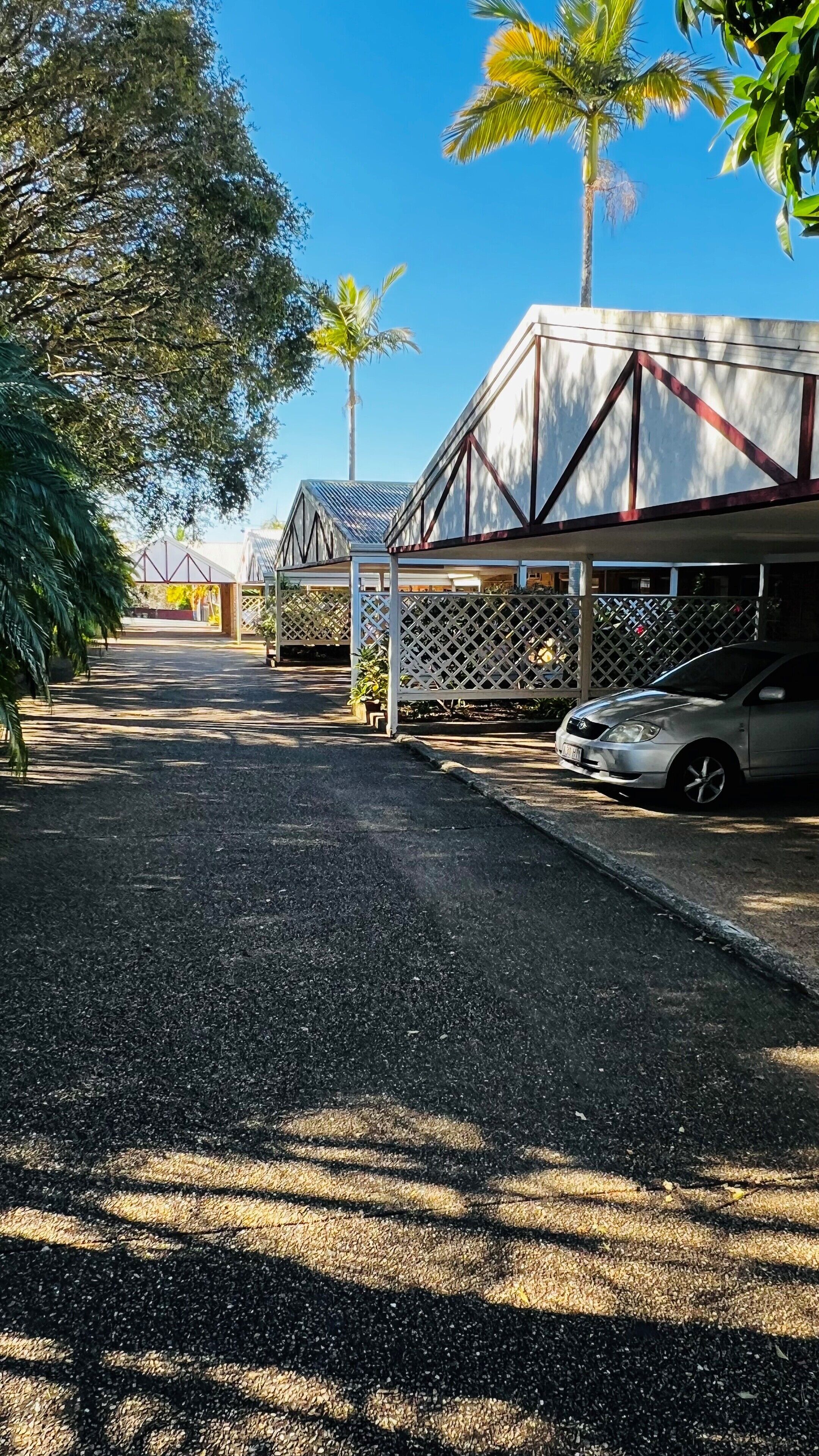 A parking area with a car, a building with a metal roof, and palm trees.