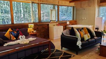 A cozy room with a bed, a sofa, and a small kitchen area.