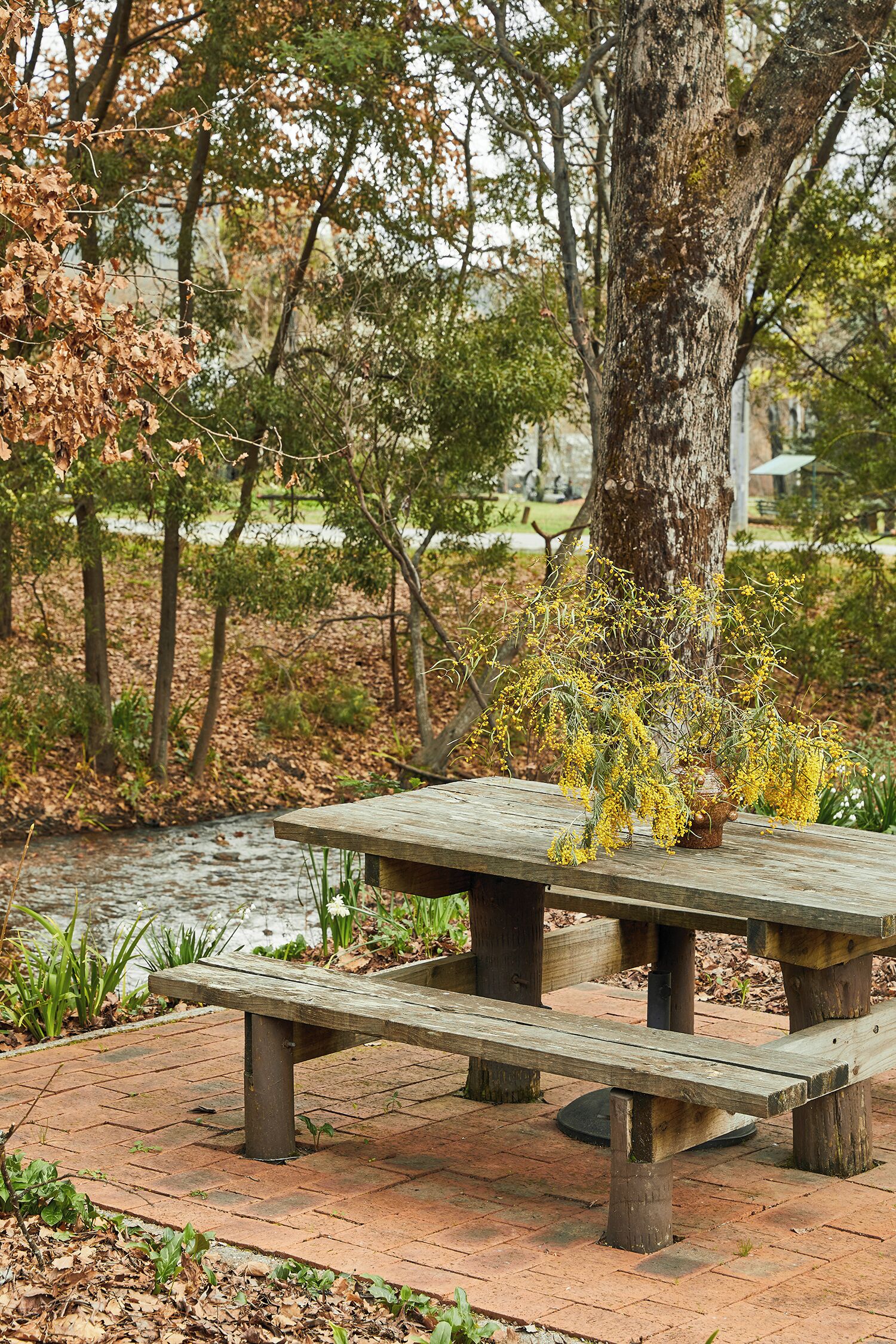 A wooden picnic table in a park with a river in the background.