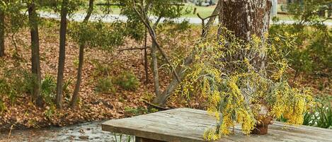 A wooden picnic table in a park with a river in the background.