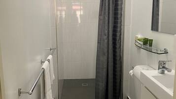 A compact bathroom with a shower, toilet, and a small sink area.