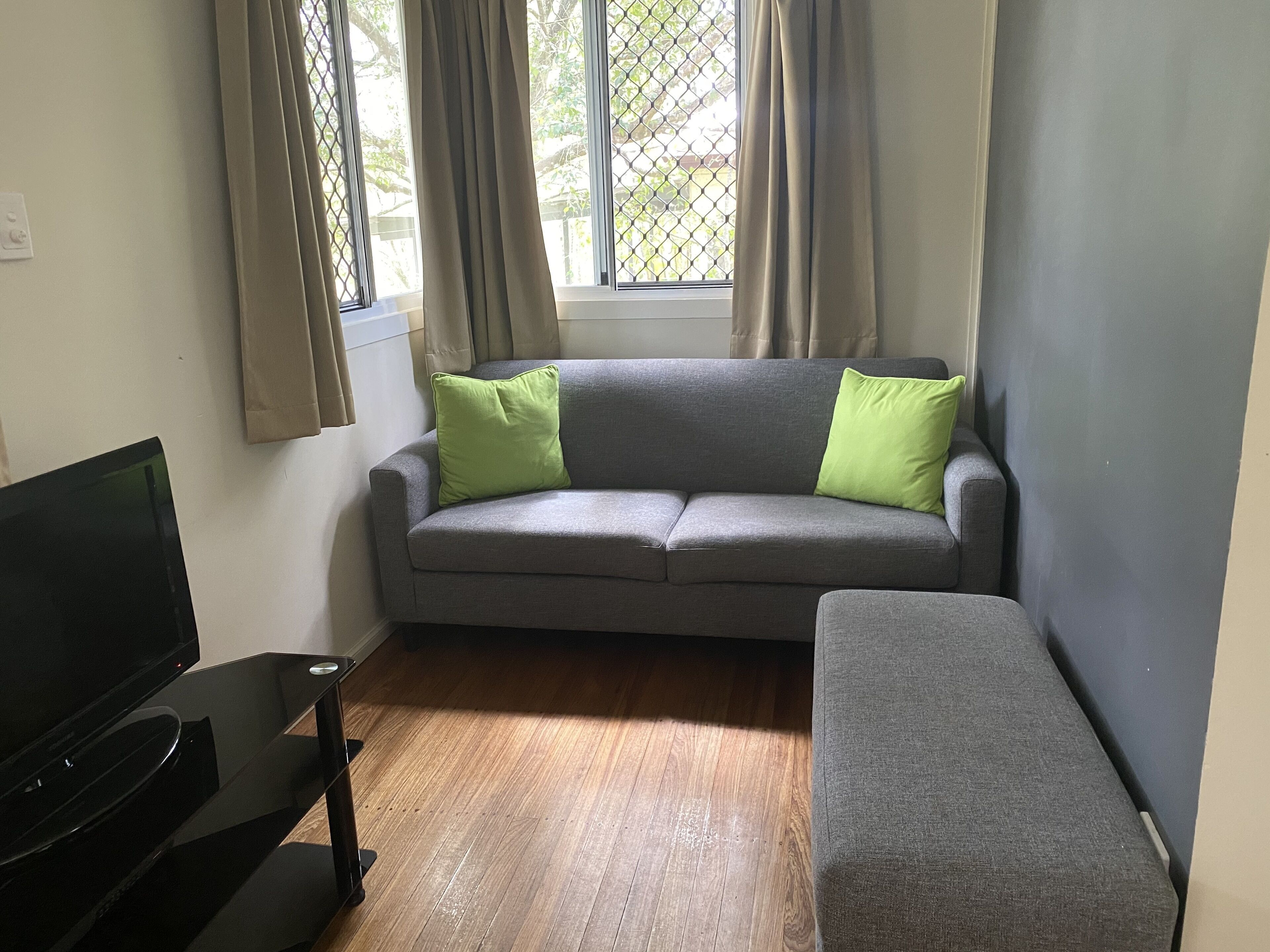 Un salon avec un canapé gris, deux coussins verts, un téléviseur posé sur un meuble et une fenêtre avec des rideaux.