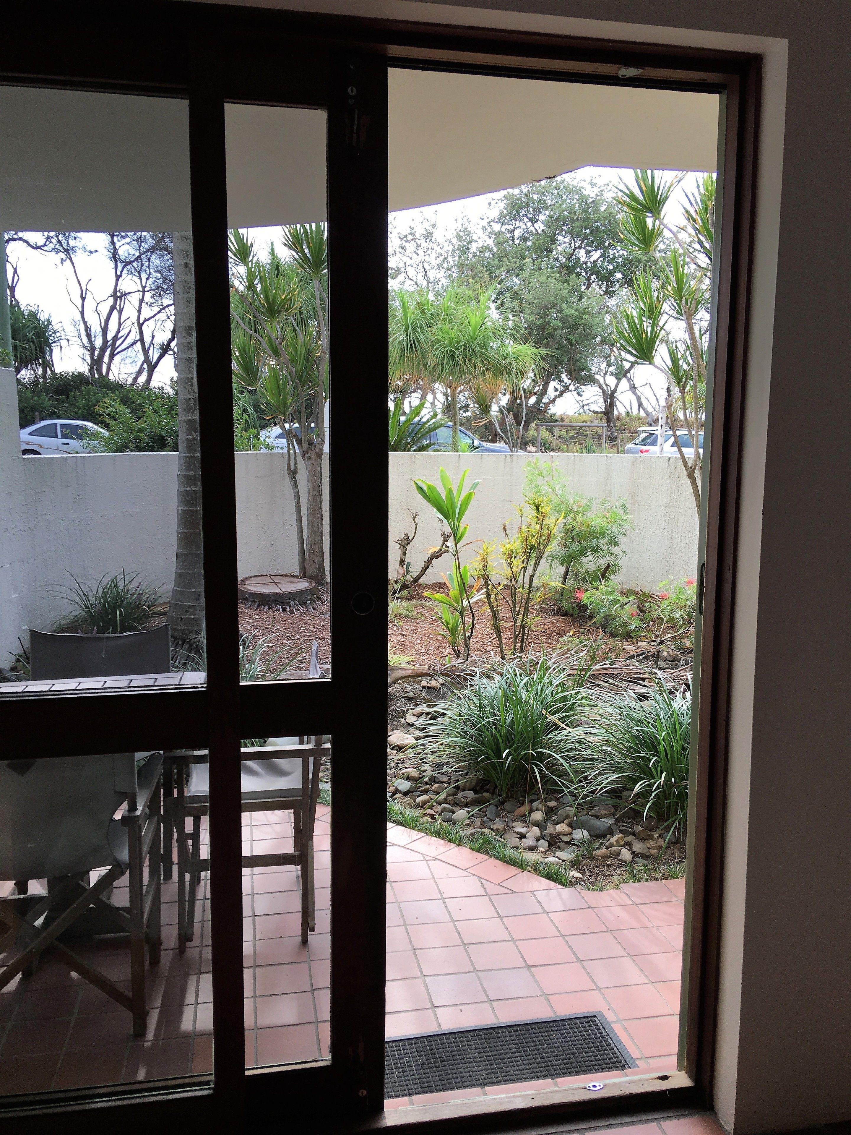 Vista a través de un ventanal a un patio con suelo de baldosas, un pequeño jardín con diversas plantas y una pared blanca al fondo.