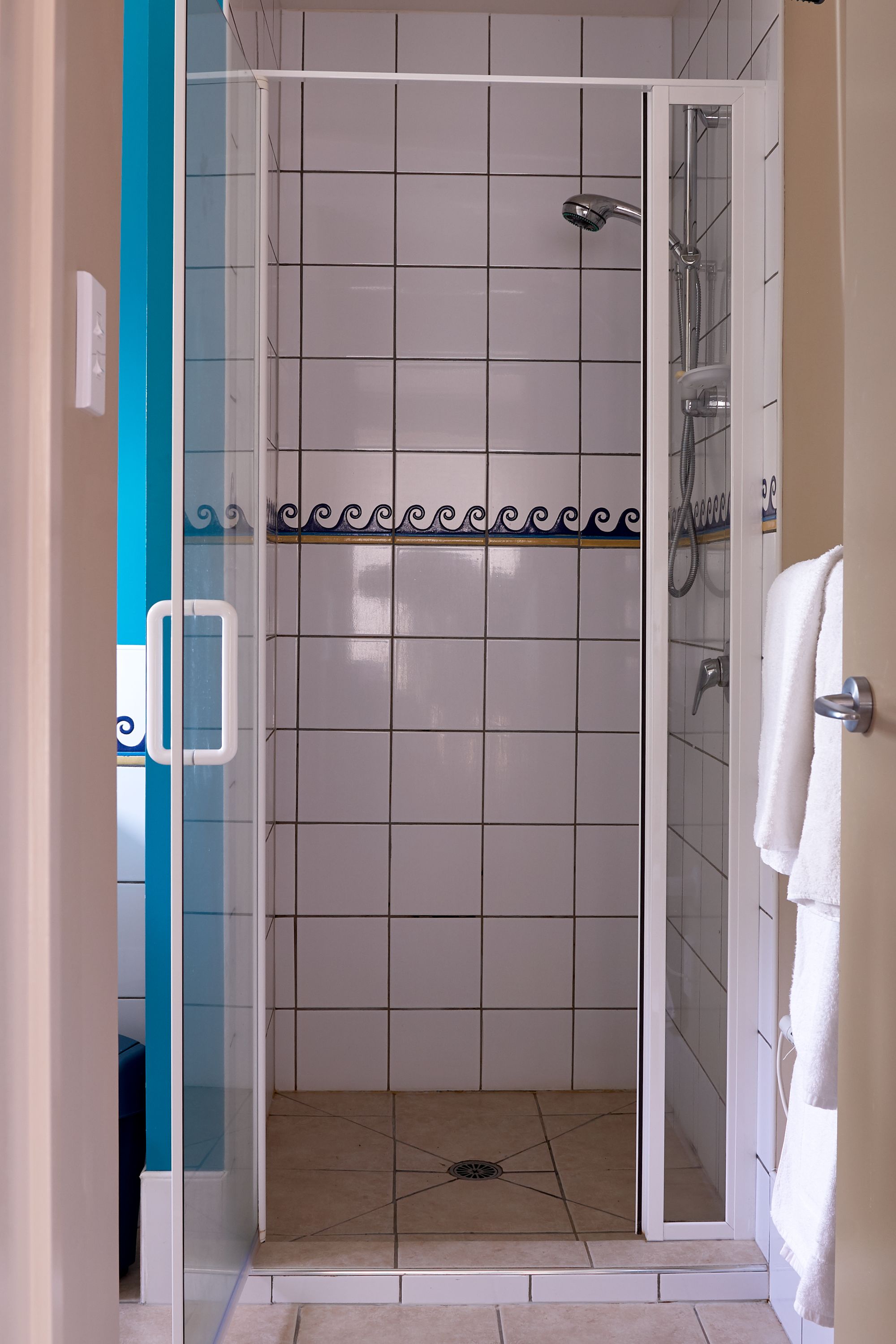 A glass-enclosed shower area with tiled walls and a tiled floor.
