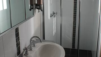 A modern bathroom with a sink, mirror, and shower.