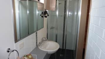 Shower, free toiletries, hair dryer, towels