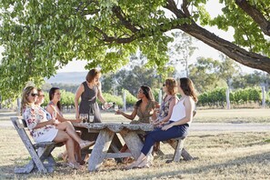 A group of people sitting at a wooden table outdoors, engaged in conversation.