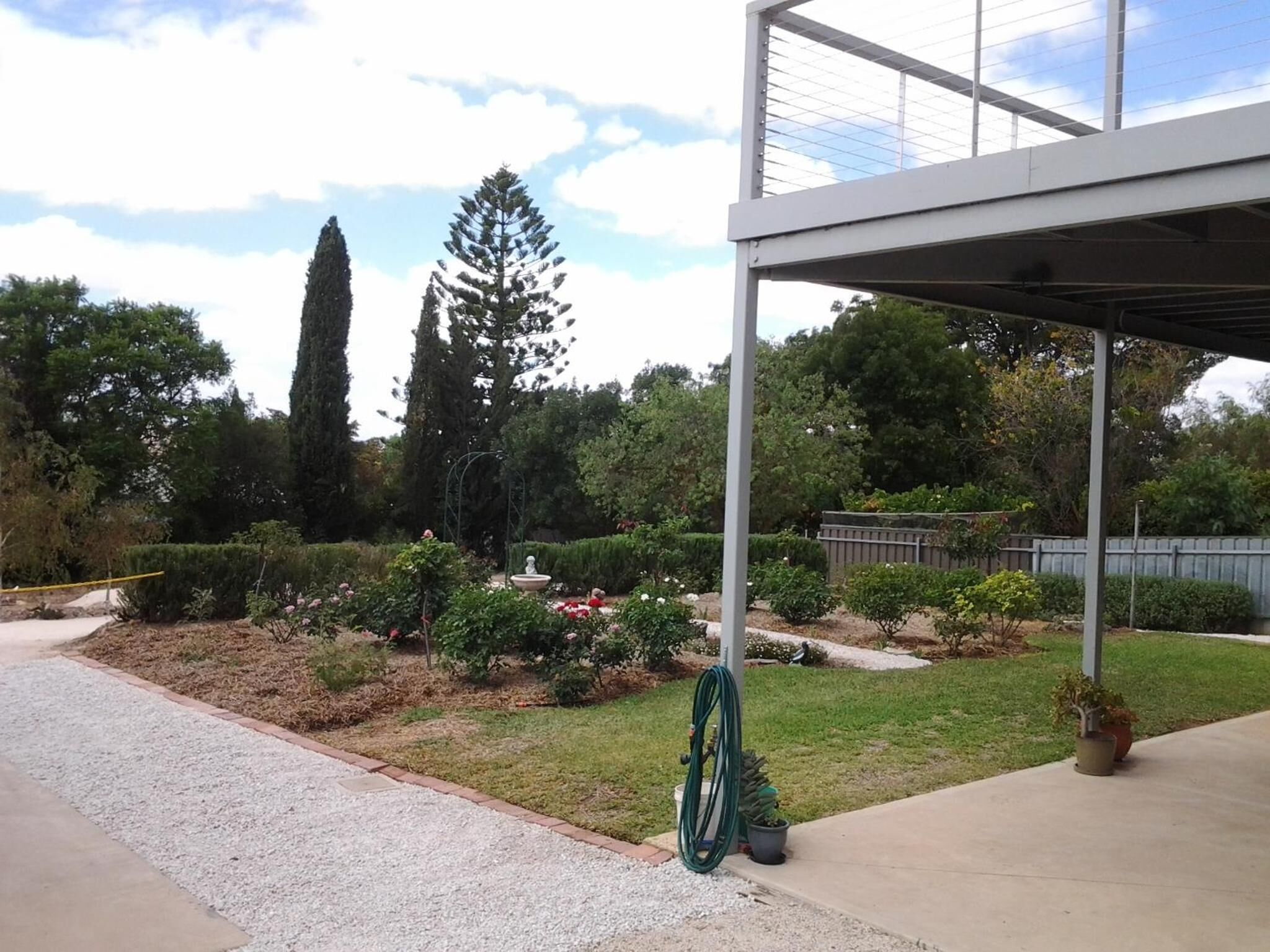 A garden with a variety of plants and a fountain. There is a paved walkway and a covered area with a metal structure.