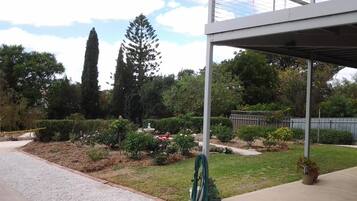 A garden with a variety of plants and a fountain. There is a paved walkway and a covered area with a metal structure.