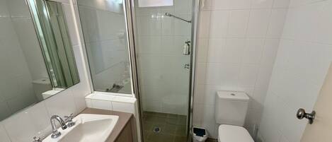 Un baño con ducha de vidrio, un lavamanos blanco con espejo y un inodoro.