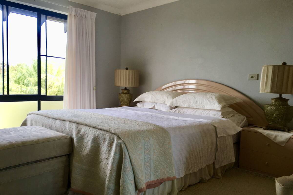 A bedroom with a bed, bedside tables, a window with curtains, and a lamp.