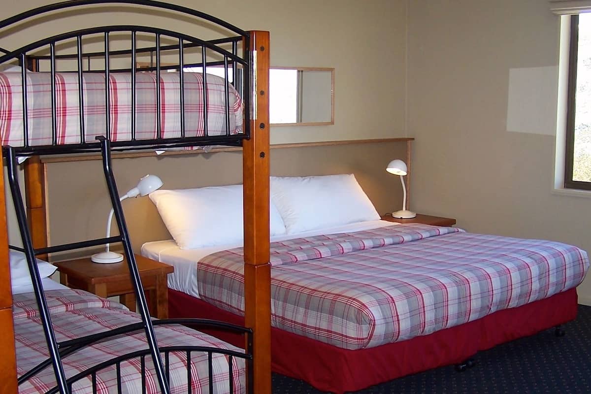 A bunk bed room with a window, a bedside table with a lamp, and a checkered bedspread.