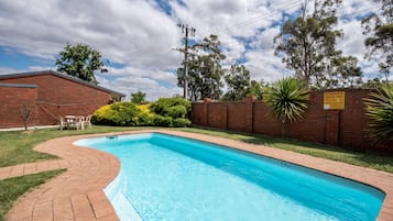 Seasonal outdoor pool, pool umbrellas, pool loungers