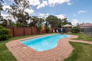 Seasonal outdoor pool, pool umbrellas, sun loungers