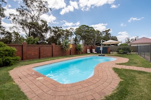 Seasonal outdoor pool, pool umbrellas, sun loungers