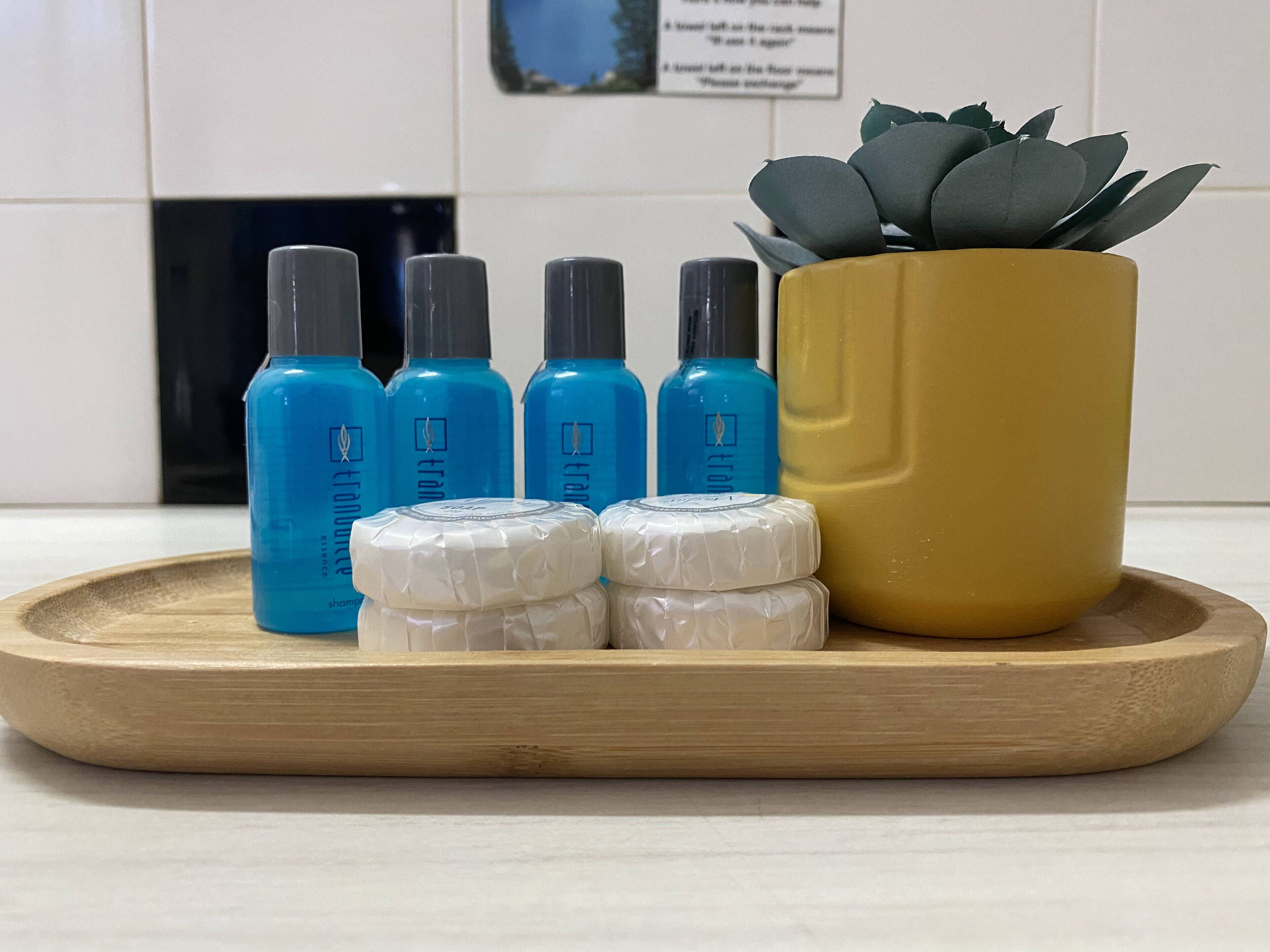 A tray with various toiletries including blue bottles and white soap bars, placed on a wooden surface in a room with white walls and a potted plant.