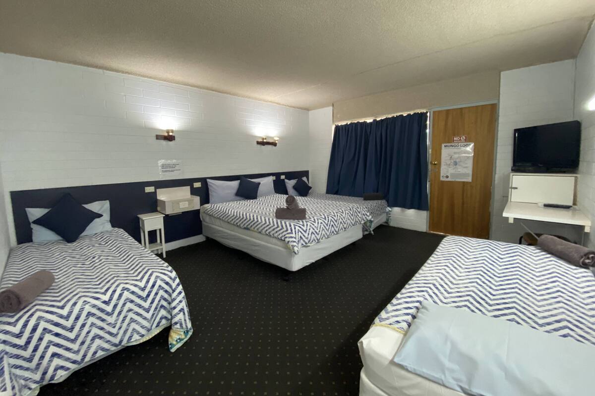 Habitación de hotel con dos camas, un escritorio, un televisor y un armario.