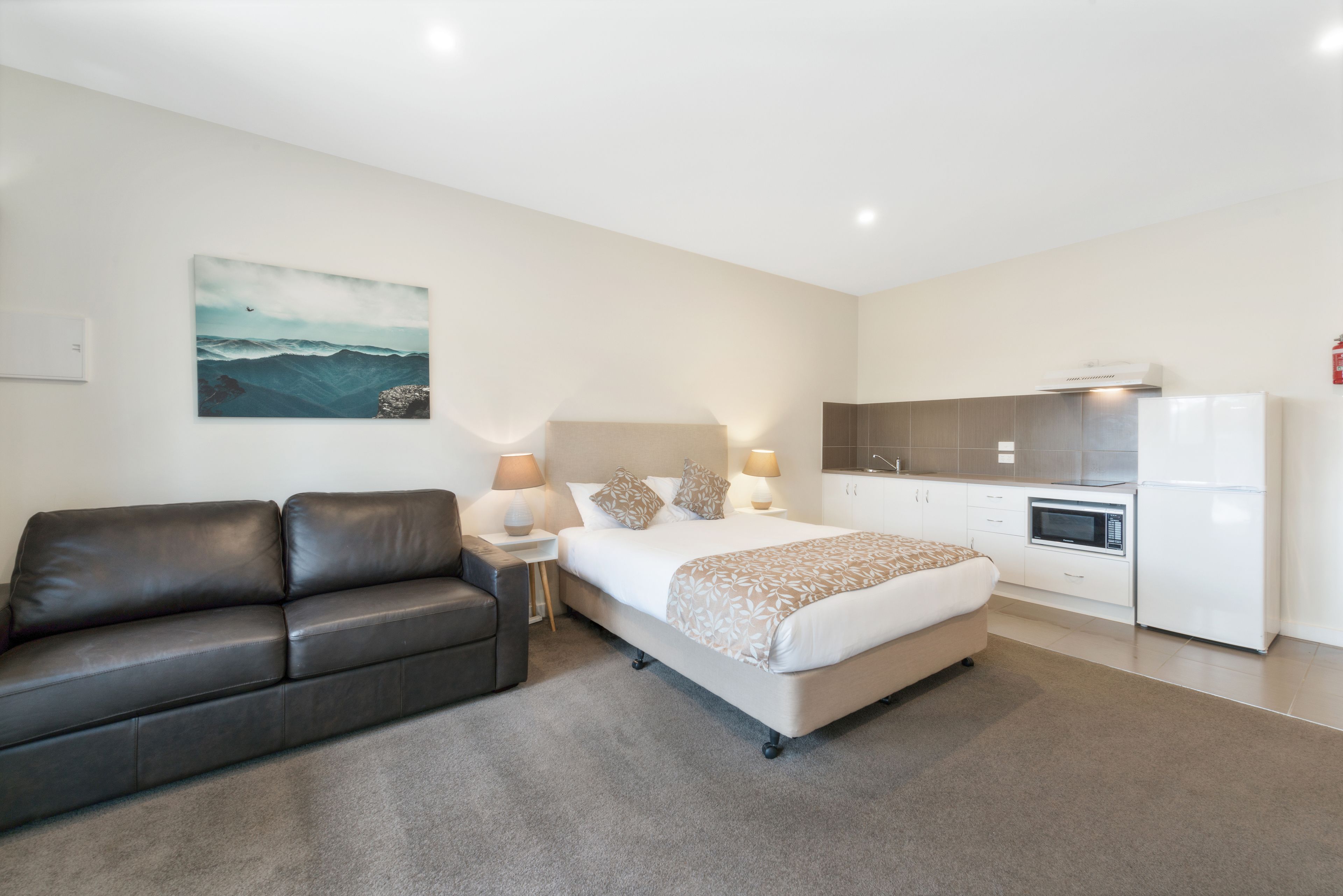 Una habitación de hotel moderna con cama, sofá, una mesita de noche con lámparas, zona de cocina y un cuadro en la pared.