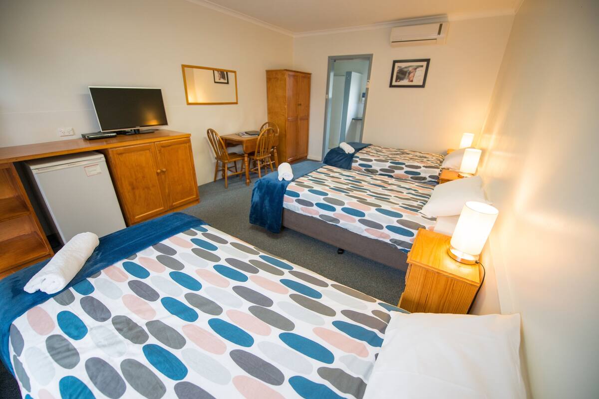 Habitación de hotel con dos camas, un escritorio, televisor y refrigerador pequeño.