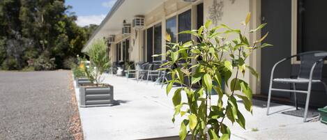 A row of outdoor seating areas with a plant in a planter, a building with air conditioning units, and a clear sky.
