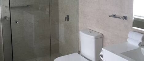 A modern bathroom with a glass-enclosed shower, a toilet, and a vanity with a mirror.