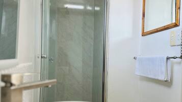 Een badkamer met een douche in een glazen cabine, een wit wastafeltje en een houten meubel.