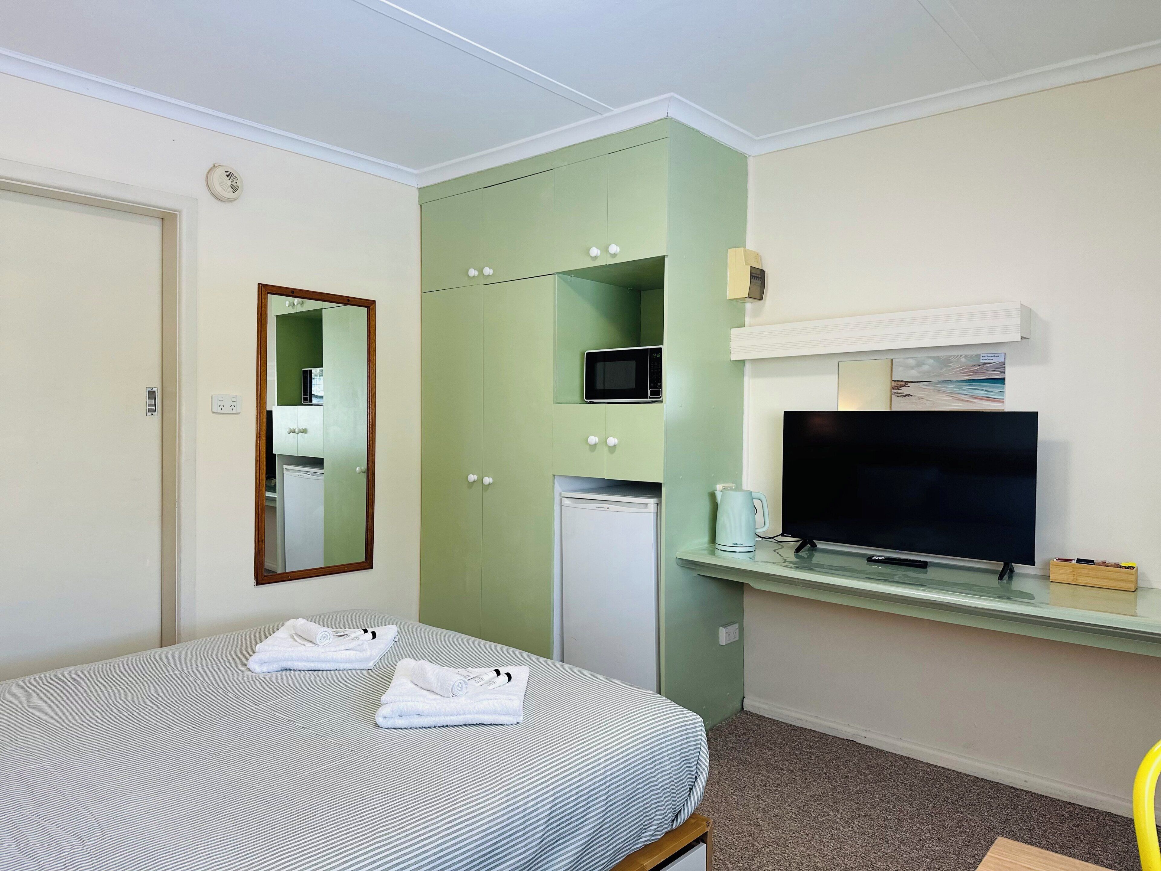 A hotel room with a bed, a television, a microwave, and a small refrigerator.