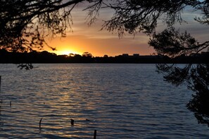 A sunset over a calm body of water with silhouettes of trees and buildings in the background. - Robe Holiday Park (Robe)