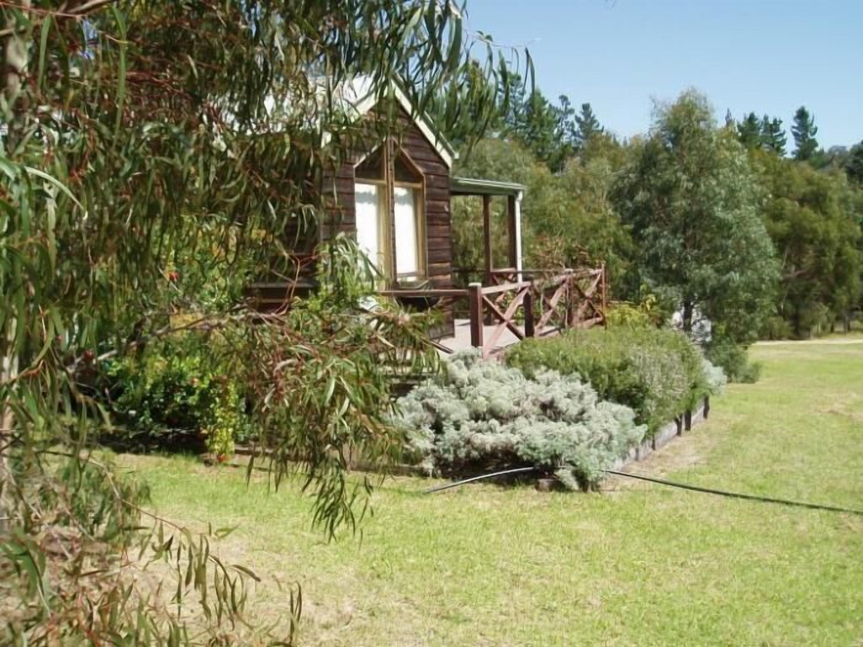 A wooden cabin with a porch, surrounded by greenery and trees.