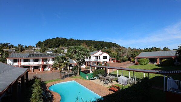 Outdoor pool, pool umbrellas, pool loungers