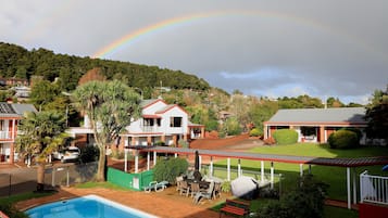 Outdoor pool, pool umbrellas, sun loungers
