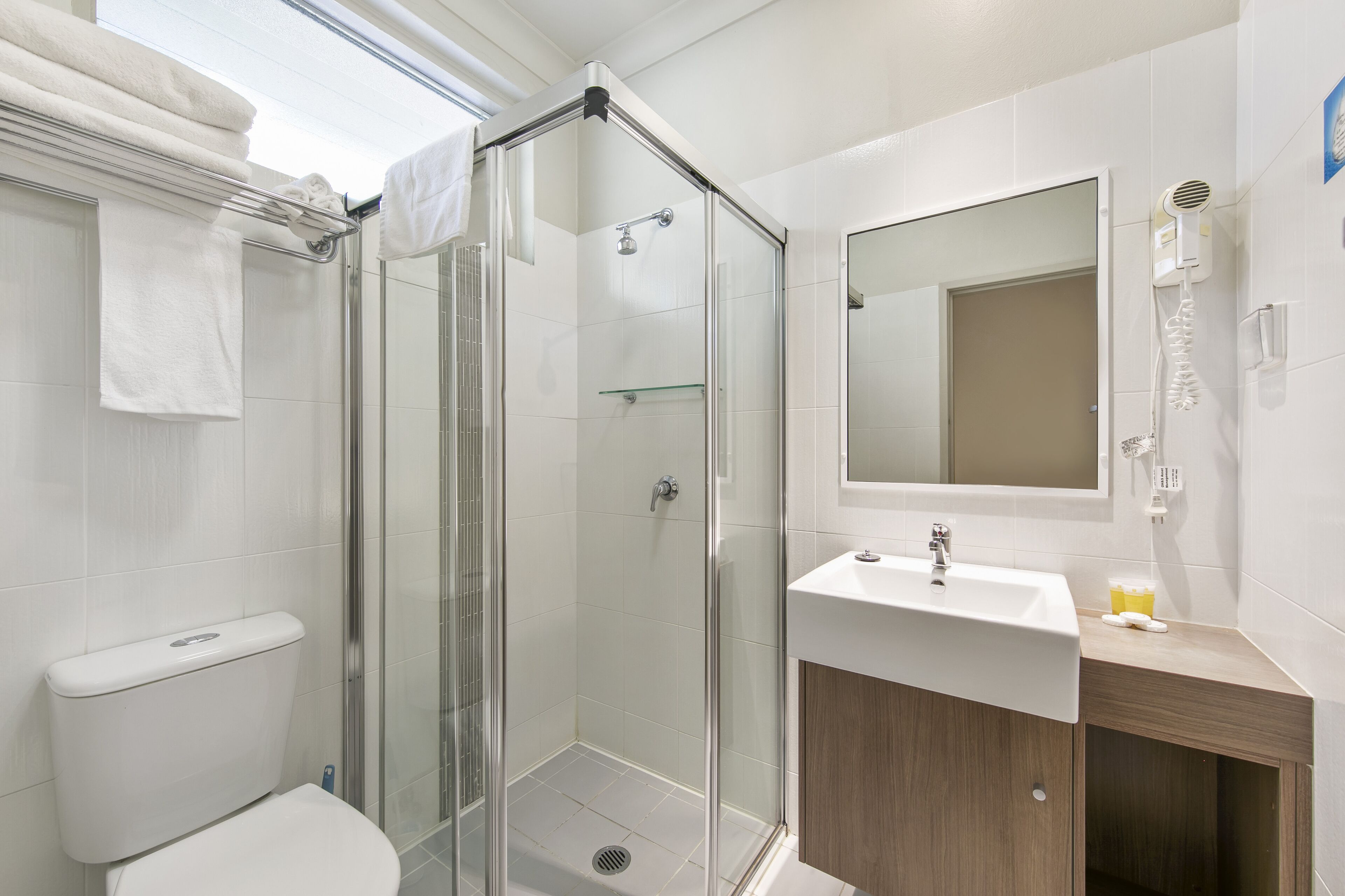 Shower, free toiletries, hair dryer, towels