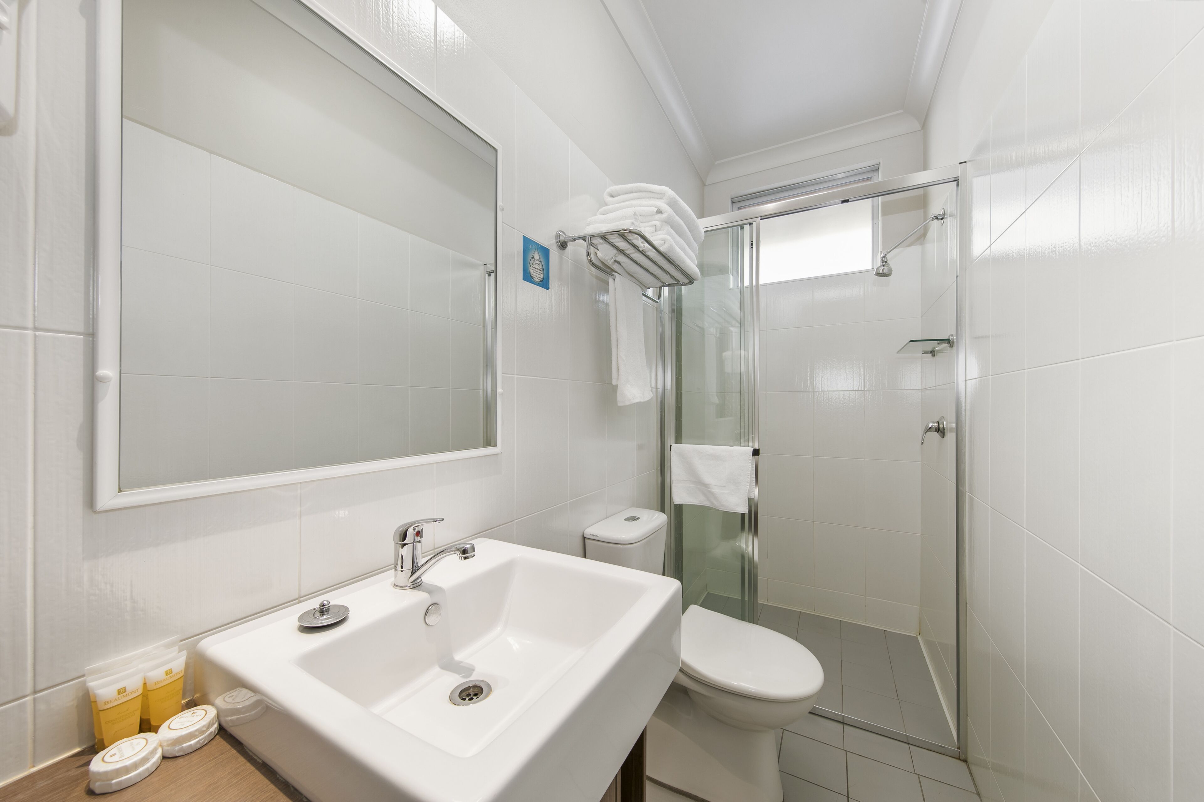 A modern bathroom with a sink, toilet, and glass shower enclosure.