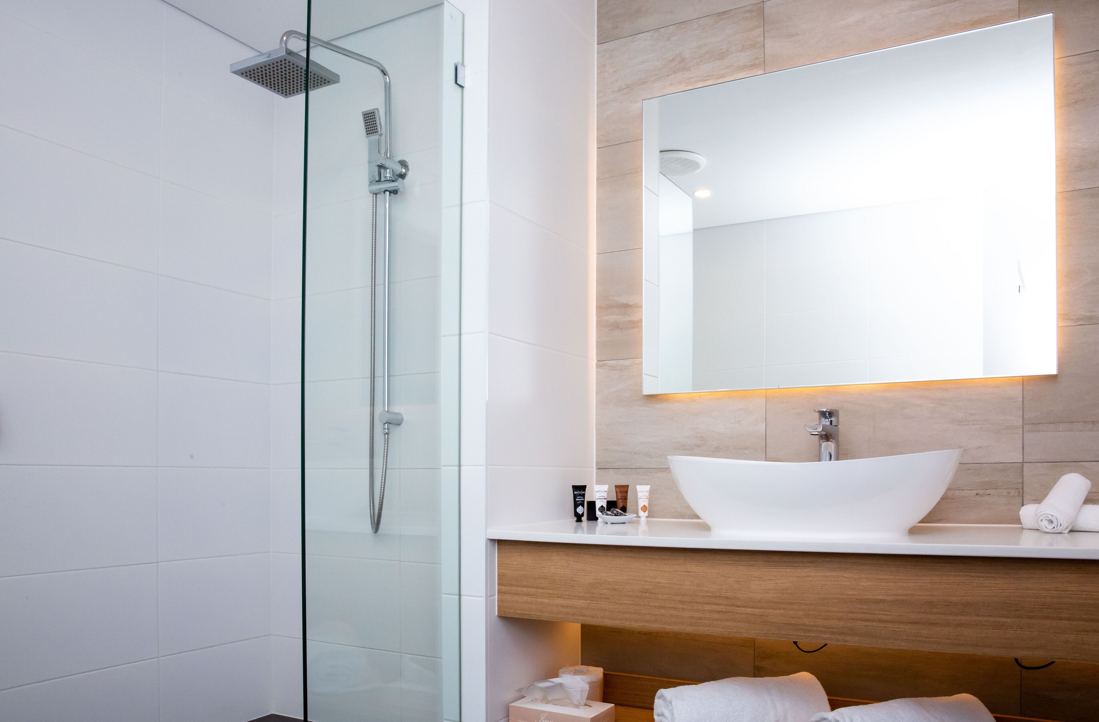 A modern bathroom with a glass shower enclosure, a white sink with a vessel basin, and a large mirror above the vanity.