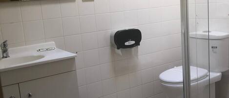 Un baño con lavamanos blanco, espejo, inodoro y cabina de ducha de vidrio.