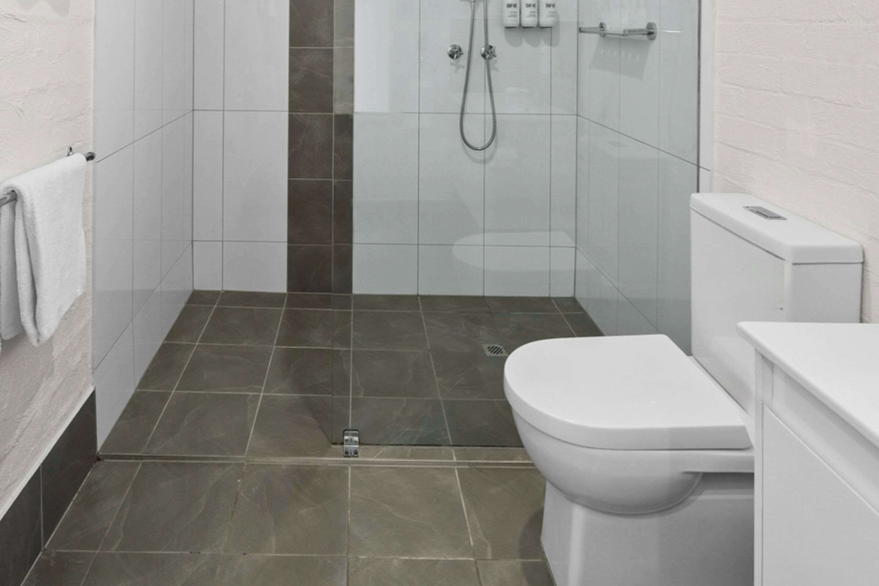 Baño con ducha, inodoro y toallero.
