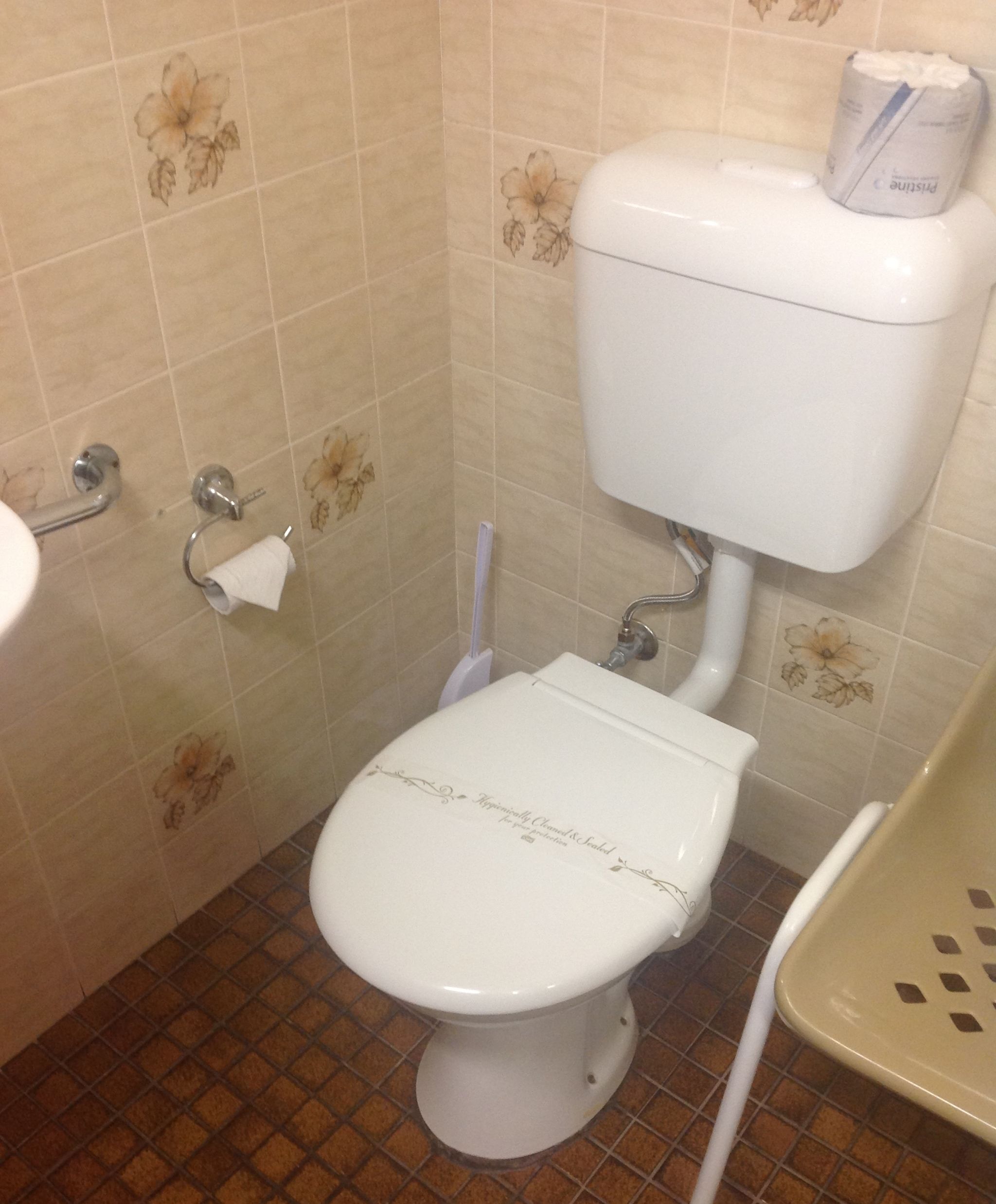 A bathroom with a toilet, a sink, and a trash bin.