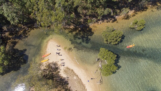 Vista aérea de una playa con agua cristalina, varias kayaks y gente.