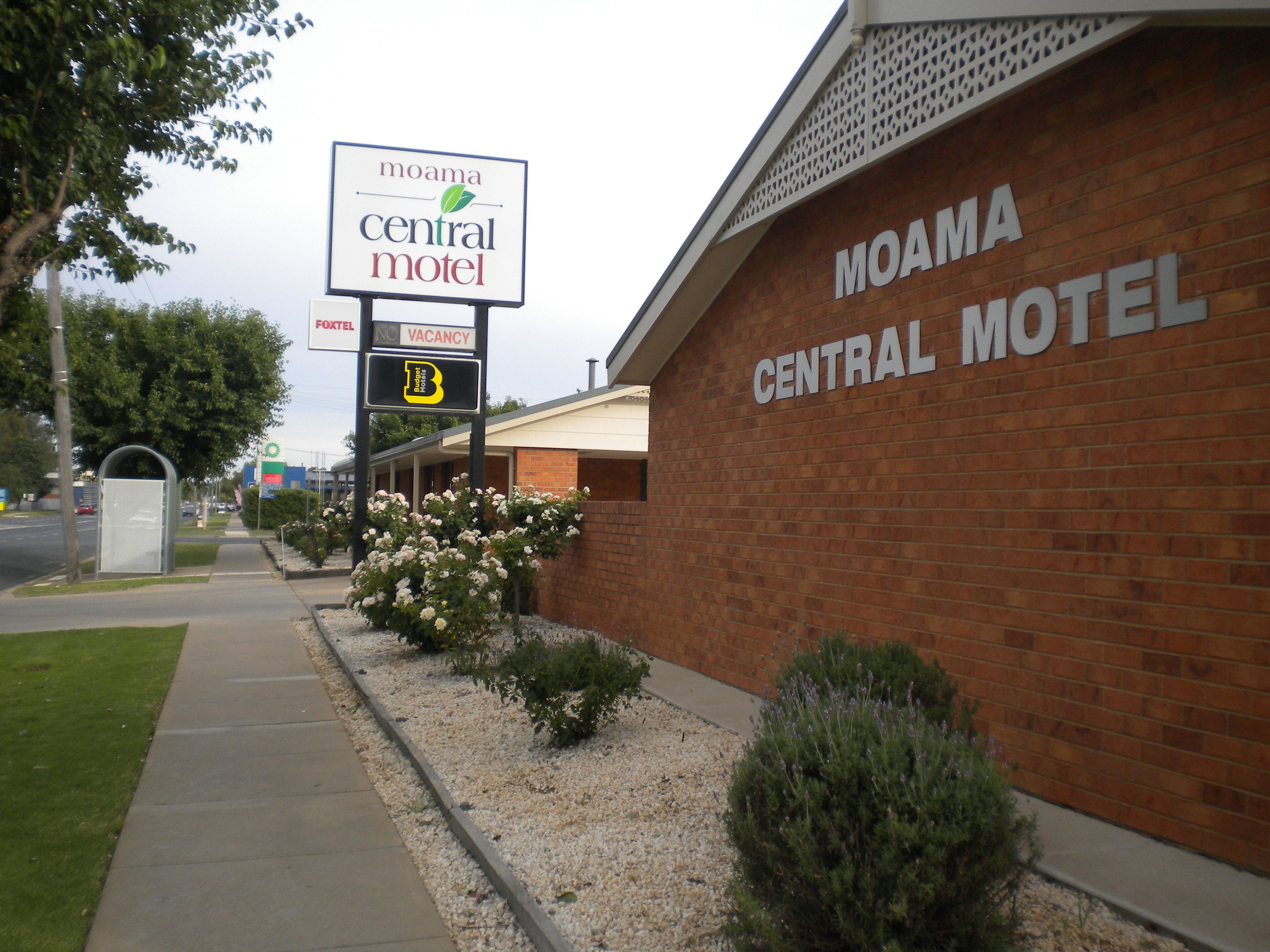 The exterior of the Moama Central Motel with a sign indicating a vacancy.