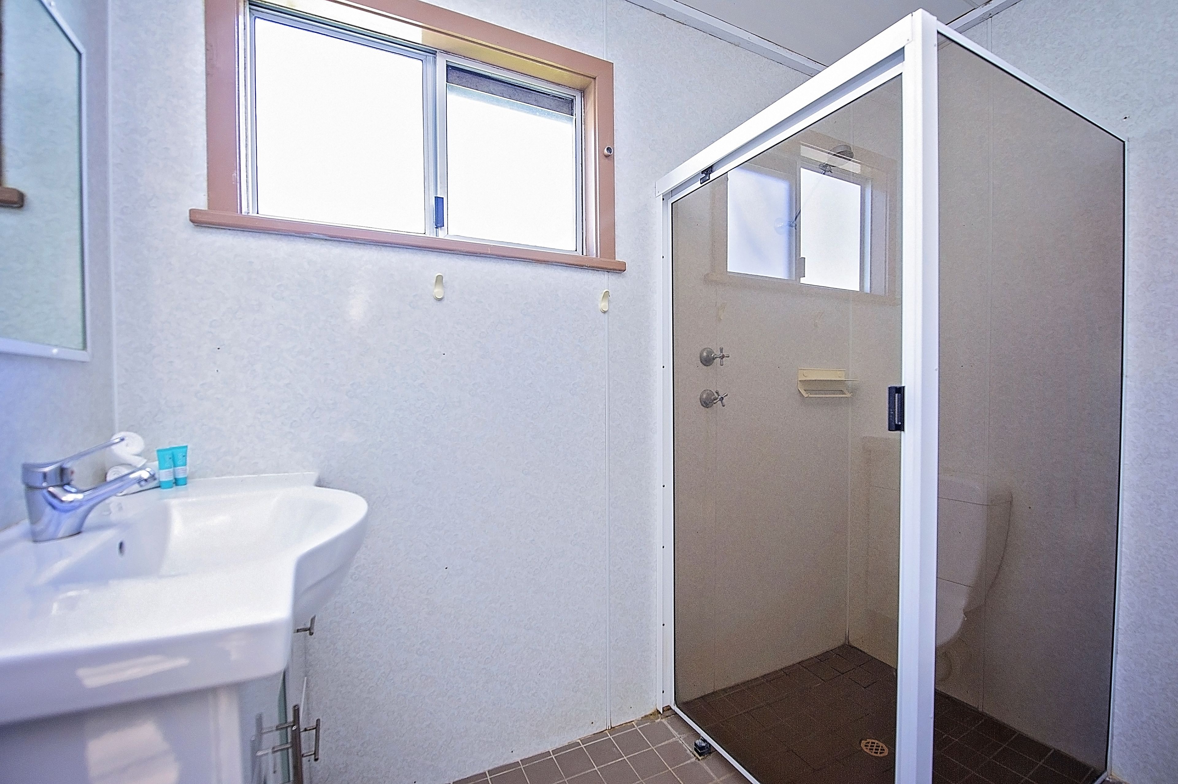 A bathroom with a white sink, a window, and a shower area.