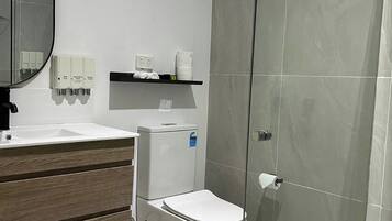 Familiekamer | Badkamer | Een douche, gratis toiletartikelen, een haardroger, handdoeken