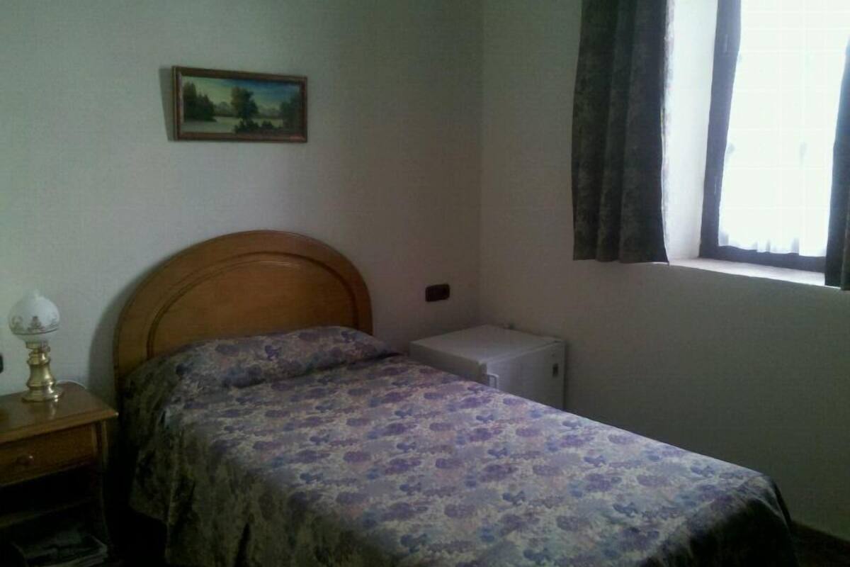 Un dormitorio con cama, mesita de noche, lámpara, calentador pequeño, ventana con cortinas y un cuadro en la pared.