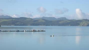 A calm lake with a dock and a small boat.