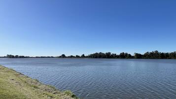 A calm river with a grassy bank and a distant tree line under a clear blue sky.