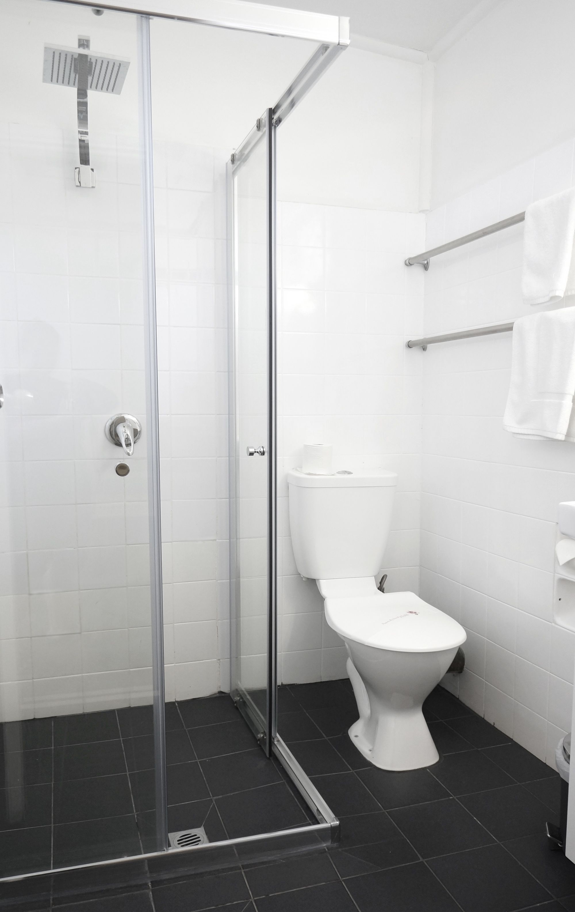 Un baño moderno con cabina de ducha de vidrio, inodoro blanco y un perchero para toallas.