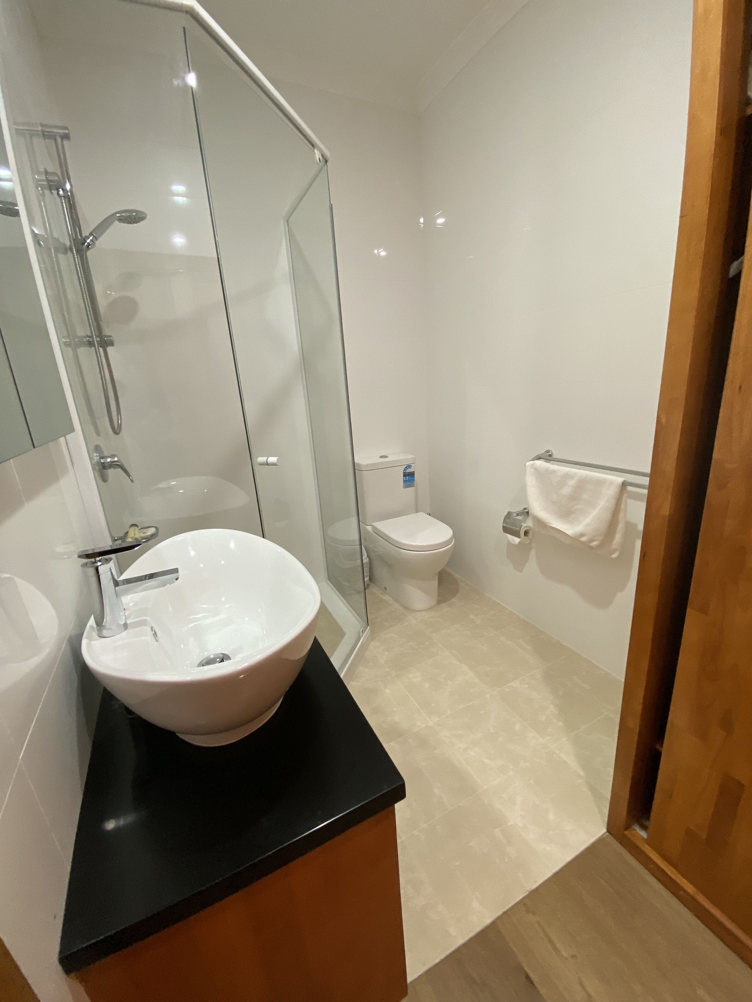 A modern bathroom with a large white sink, a glass shower enclosure, and a toilet.