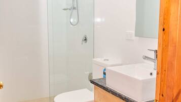 A bathroom with a glass-enclosed shower, a white toilet, a sink with a mirror, and wooden cabinets.