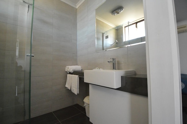 Shower, free toiletries, hair dryer, towels