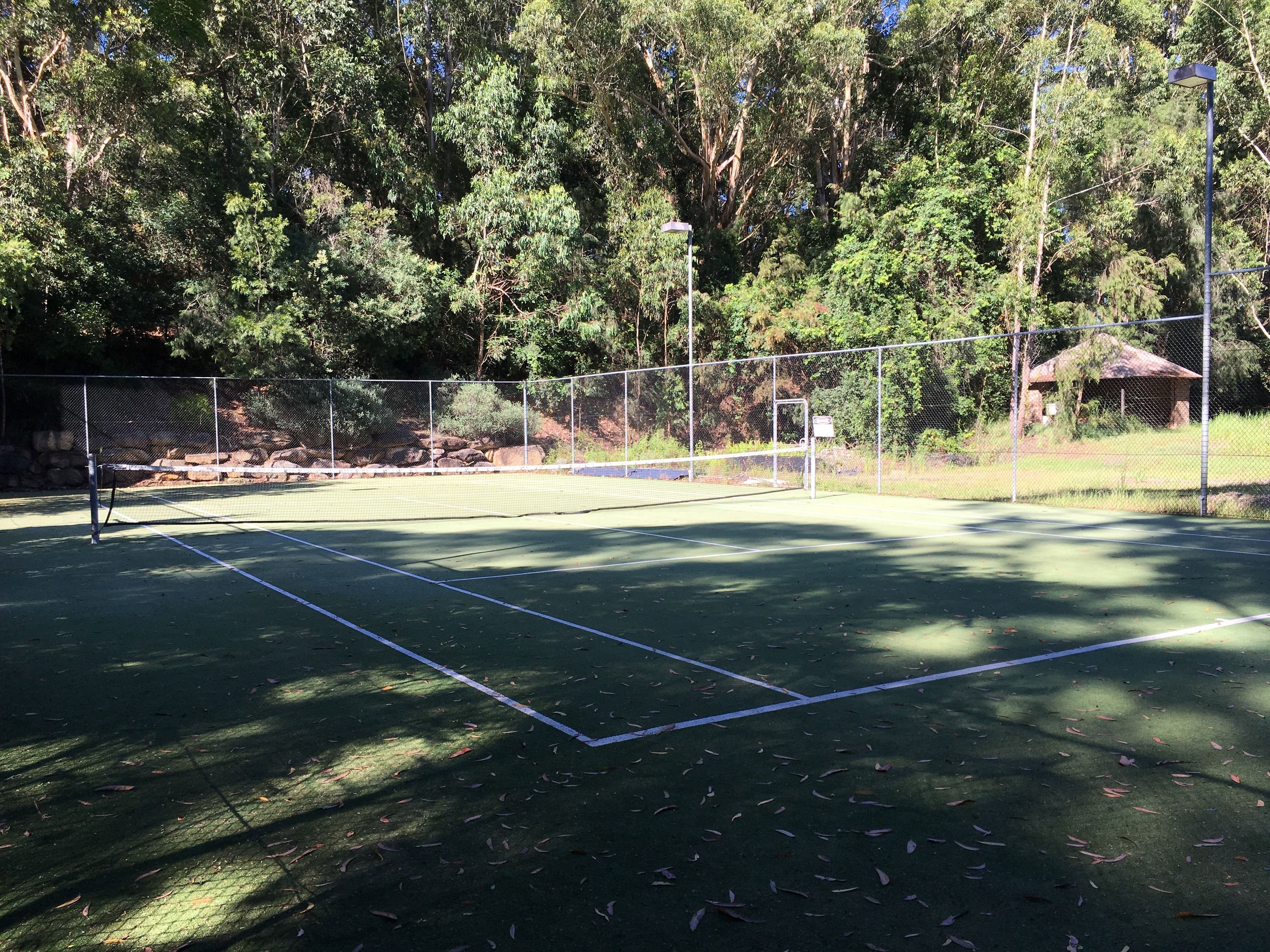 An outdoor tennis court surrounded by trees and a fence.