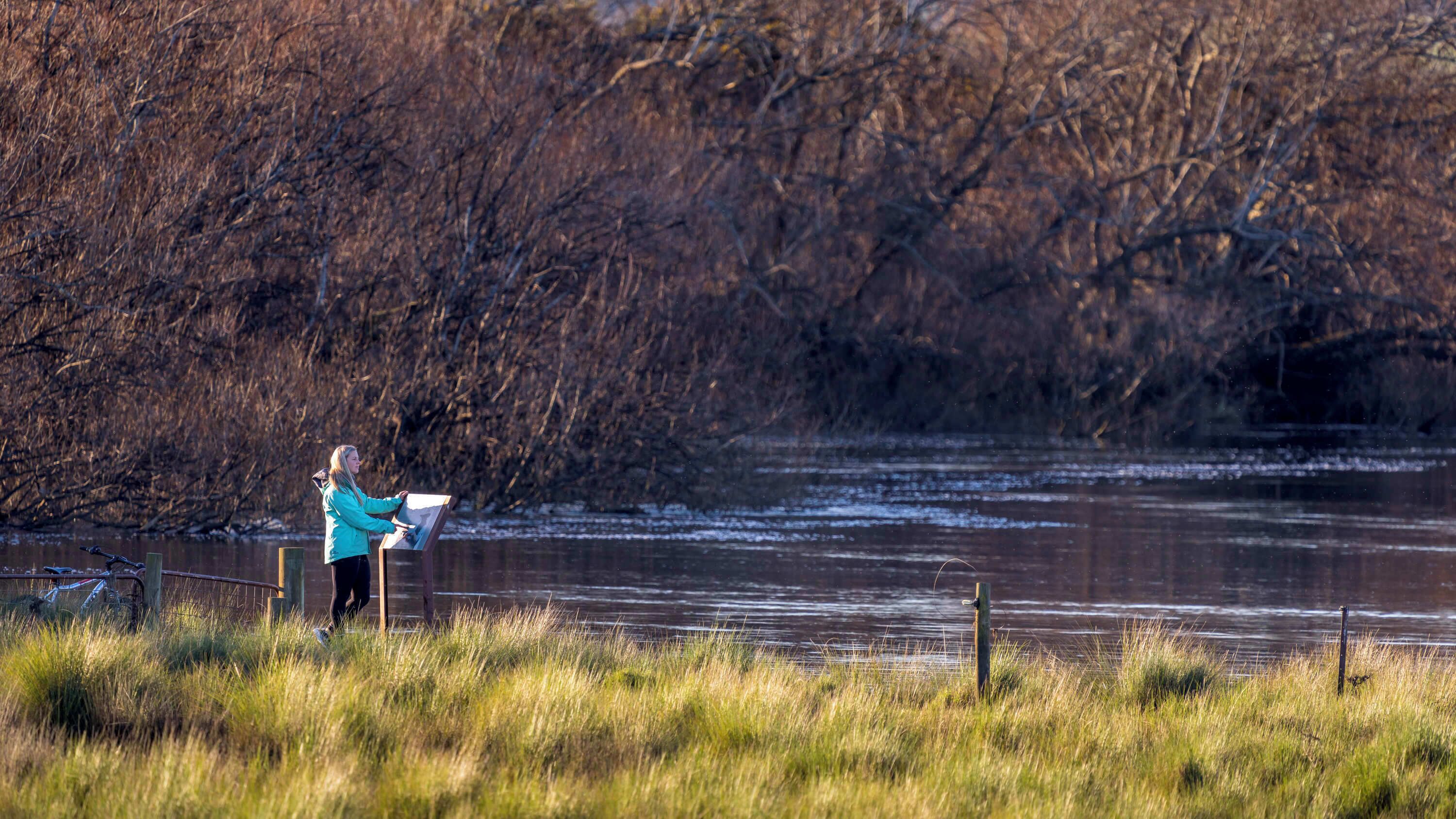 A person standing by a river with a display board, surrounded by grass and trees.